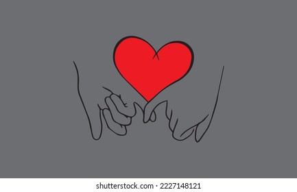 design of heart shape formed when two human hands are tied together on gray background