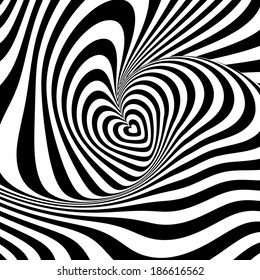 Design heart vortex rotation illusion background. Abstract striped distortion backdrop. Vector-art illustration