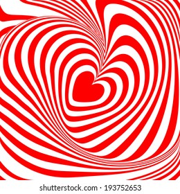 Design heart whirl illusion background. Abstract stripy distortion twisted backdrop. Vector-art illustration