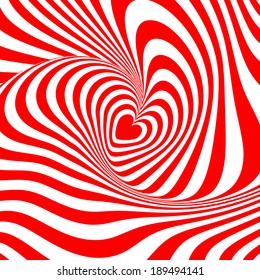 Design heart whirl rotation illusion background. Abstract stripy distortion twisted backdrop. Vector-art illustration