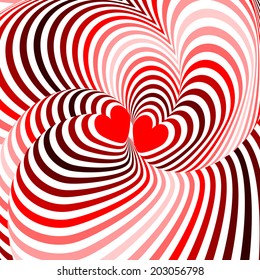 Design hearts twisting movement illusion background. Abstract strip torsion twisted backdrop. Vector-art illustration. No gradient