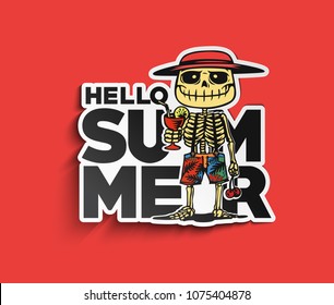 Design Hello summer for Tshirt print, skeleton posing, vector illustration