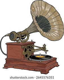 The design highlights antique mechanical components and evokes a nostalgic, retro atmosphere. Perfect for themes related to music history, retro audio equipment, or vintage interior design.

