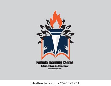 The design highlights a torch emanating flames, symbolizing enlightenment and knowledge. An open book represents learning, with the name of the learning center prominently displayed.