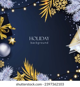 Design of holiday background for social media banner. Christmas vector cover with gift boxes and fur-tree