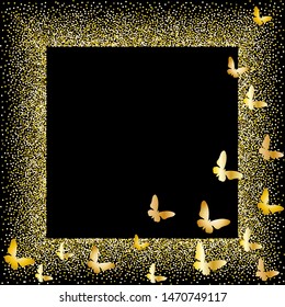 Design for holiday banner, greeting card, invitation, packaging. Frame of gold confetti decorated with butterflies.