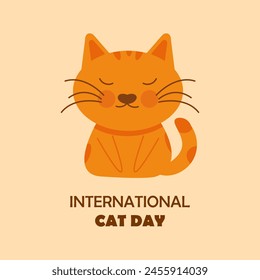 Design for the holiday, International Cat Day, August 8th. Red cat in flat style. Template for poster, background, postcard poster, for social media and print. Vector eps 10.