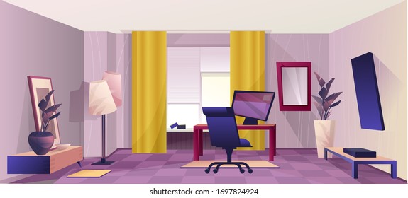 Design of a home room with a workplace, an office for remote work, in a retro style, with a perspective into the depths. Vector horizontal illustration.