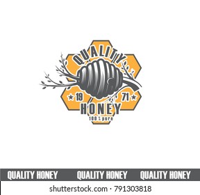Design of honey labels. quality honey icon, company concept manufacturer of pure honey