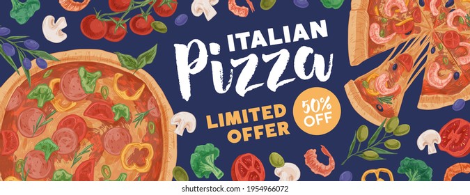 Design of horizontal ad banner for pizzeria with pizzas and ingredients on colored background. Promo template for Italian food restaurants or cafes. Hand-drawn vector illustration of advertisement