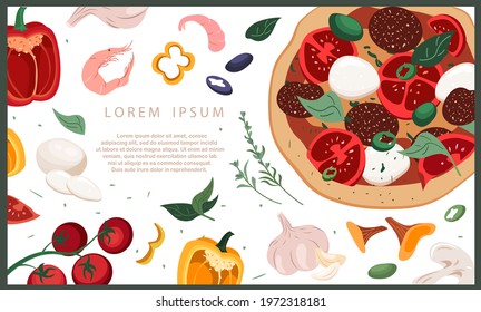 Design of horizontal ad banner for pizzeria with Salami Sausage,Mozzarella pizza,ingredients on White background.Promo template for Italian food restaurants,cafes. Vector illustration of advertisement