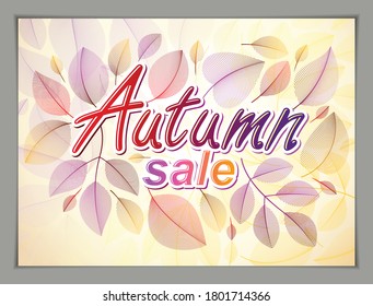 Design horizontal banner with Autumn typing logo, fall red and yellow leaves frame composition background. Card for autumn season, promotion offer. Stylish classy botanical drawing, environment.