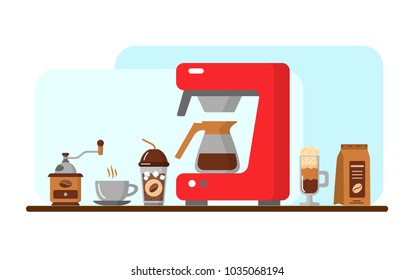 Design of horizontal banner with coffee machine and coffe flat icons. Coffee equipment banner. Colorful template for for your design. For restaurant menus, business cards, websites etc. Vector banner