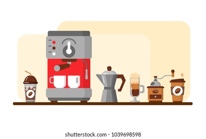 Design of horizontal banner with coffee machine and coffe flat icons. Coffee equipment banner. Colorful template for for your design. For restaurant menus, business cards, websites etc. Vector banner