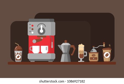 Design of horizontal banner with coffee machine and coffe flat icons. Coffee equipment banner. Colorful template for for your design. For restaurant menus, business cards, websites etc. Vector banner