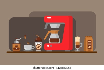 Design of horizontal banner with coffee machine and coffe flat icons. Coffee equipment banner. Colorful template for for your design. For restaurant menus, business cards, websites etc. Vector banner