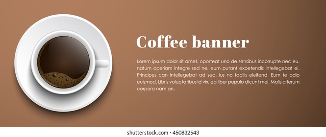 Design horizontal banner. A cup of black coffee on brown background. template with place for text. Vector illustration
