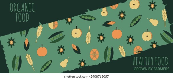 Design horizontal banner with Organic Healthy Food icon in trendy Minimal style. Eco friendly vegetables on torn paper. Vector illustration can used web and social media poster and background.
