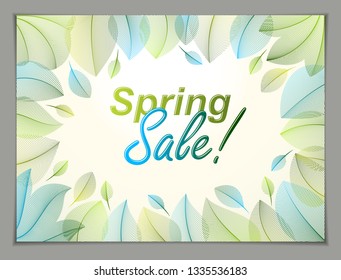 Design horizontal banner with Spring typing logo, green and fresh leaves frame composition background. Seasonal card, promotion offer. Stylish classy botanical drawing, environment.