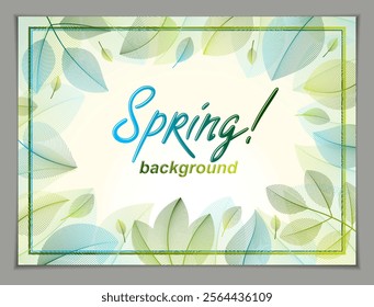 Design horizontal banner with Spring typing logo, green and fresh leaves frame composition background. Seasonal card, promotion offer. Stylish classy botanical drawing, environment.