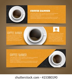 Design of horizontal banners with coffee cup   for shops, cafes or restaurants. Template  with hand drawings on a yellow and black background. Vector illustration. Set