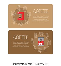 Design of horizontal banners with coffee machine and coffe line icons. Coffee equipment banners. Colorful template for for your design, prints and illustrations. Flat style Vector banners.