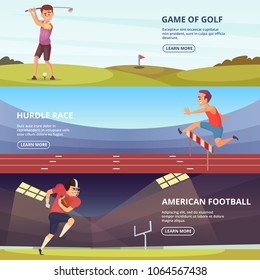 Design of horizontal banners with sport peoples in action poses. Sport football championship, golf and hurdle race. Vector illustration