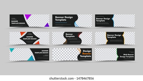 Design of horizontal black vector web banners with colored triangles and lines and place for photo. Set of templates for our advertising business.
