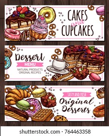 Diseño de pancartas vectoriales horizontales con tarta casera, pastelitos, muffins, macarons, donuts y gofre. Plantillas para la empresa que produce postres caseros, dulces y panadería