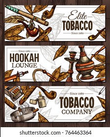 Design of horizontal vector banners with hand drawn tobacco and smoking collection. Templates with color sketch cigarettes, cigars, hookah, tobacco leaves, ceremonial pipe, vintage tobacco pipes