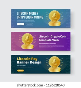 Design of horizontal vector web banners with gold coin crypto currency litecoin. Templates for web sites, business and advertising. Set