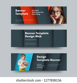 Design of horizontal vector web banners in the style of material design with a place for photo and text. Template in black with blue and red soaring elements.