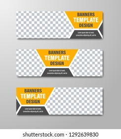 Design of horizontal vector web banners with place for photo and dividing hexagon. Standard size templates with black and yellow elements. Set