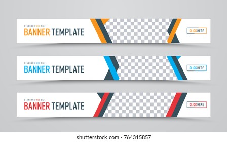 Design of horizontal vector white banners of standard size with a place for photos. Web Templates with color lines, text button. Set