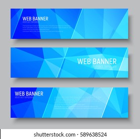 Design horizontal web banners with abstract polygonal background and transparent blue diagonal elements. Vector illustration. Set