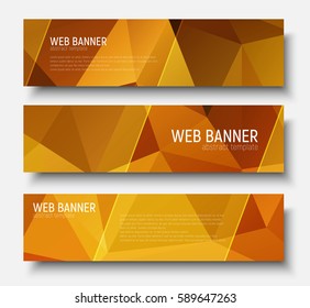 Design horizontal web banners with abstract polygonal background gold and transparent diagonal elements and buttons. Vector illustration. Set