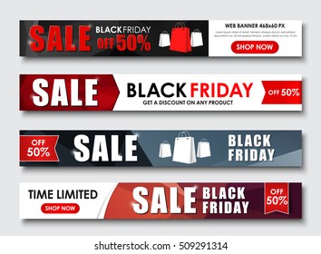Diseñar banners web horizontales para las ventas del Black Friday. Plantilla con elementos polígonos abstractos, cintas y bolsas. Ilustración vectorial. Establecer