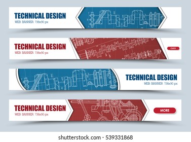 Diseñar banners web horizontales con dibujos técnicos. Plantillas colores azul, rojo y blanco con botones. Ilustración vectorial. Establecer
