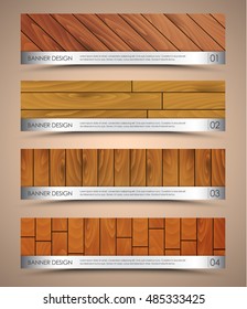 Design horizontal web banners. Templates with the texture of wood of different colors and a metal plate. Vector illustration. Set