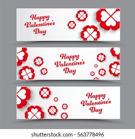 Design of horizontal white  banners Happy Valentine's Day. Templates with red flowers and hearts. Vector illustration. Set