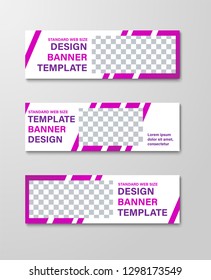 Design of horizontal white web banners with diagonal purple lines and a rectangle for a photo. Vector templates for advertising.