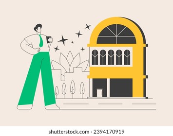 Design hotel abstract concept vector illustration. Modern architecture, unique interior decor, luxury resort, hospitality service, wellness and spa, online booking, hotel review abstract metaphor.
