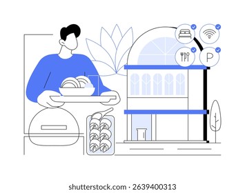 Design hotel stay isolated cartoon vector illustrations. Attractive man in boutique hotel, take food from buffet, gastronomy concept tour, vacation time, luxury accommodation vector cartoon.