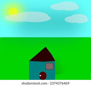 The design is a house with a beautiful atmosphere, with wide grasslands and blue skies
