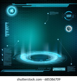 Design of HUD menu user interface. Futuristic dashboard with screen projector devices. Stock vector geometric line illustration.