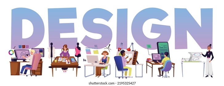 Design huge header with graphic and fashion designers cartoon characters, flat vector illustration. Banner for website with working designer characters.