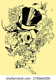 Design with a human skull and red roses, isolated on white, vector illustration Can be printed on t-shirts, pillow, poster, mug, bag . tattoo
