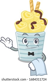 A design of ice cream banana rolls cartoon character working as waiter