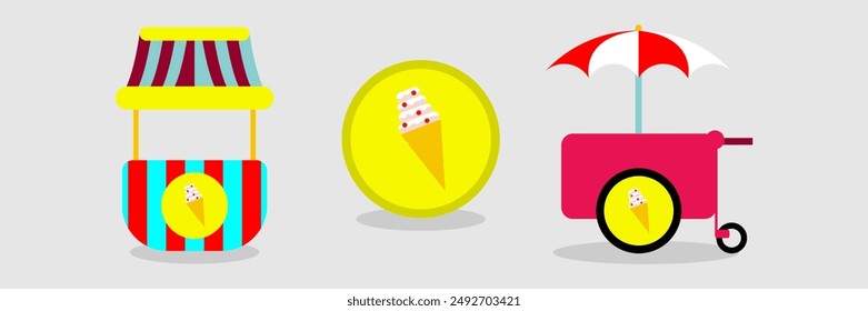 design of ice cream shop and ice cream cart. Ice cream icon, flat