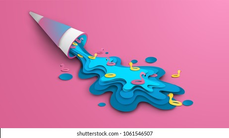 Design ice cream for summer. Blue sea ice cream cone with swim ring topping melts because of hot weather on pink background. Graphic design for Summer. Paper craft and cut style. vector, illustration.